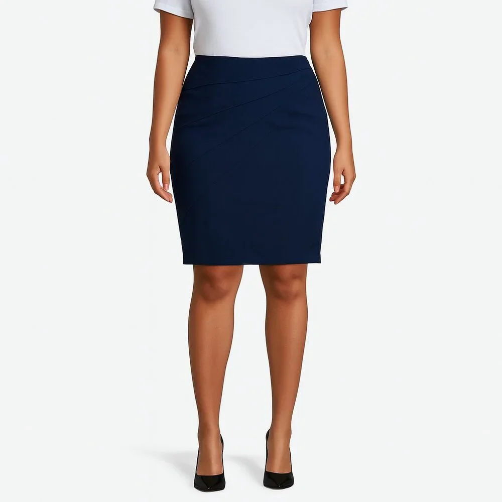 Premise Studio Navy Blue Stretch Pencil Skirt | Size 14 | Asymmetrical Drape